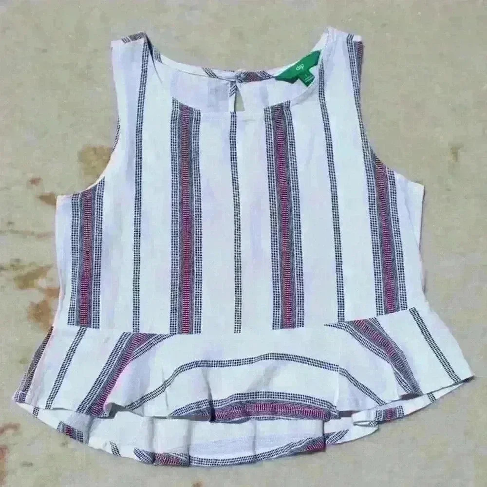 LINEN Striped Cropped Sleeveless Tank Top Ruffle Hem Peplum Women Small